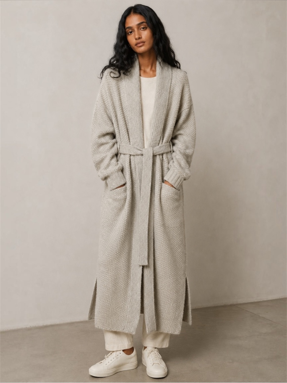 LUNYA Chunky Wool Knit Robe Cardigan M Belted Long Coatigan Soothing Grey
